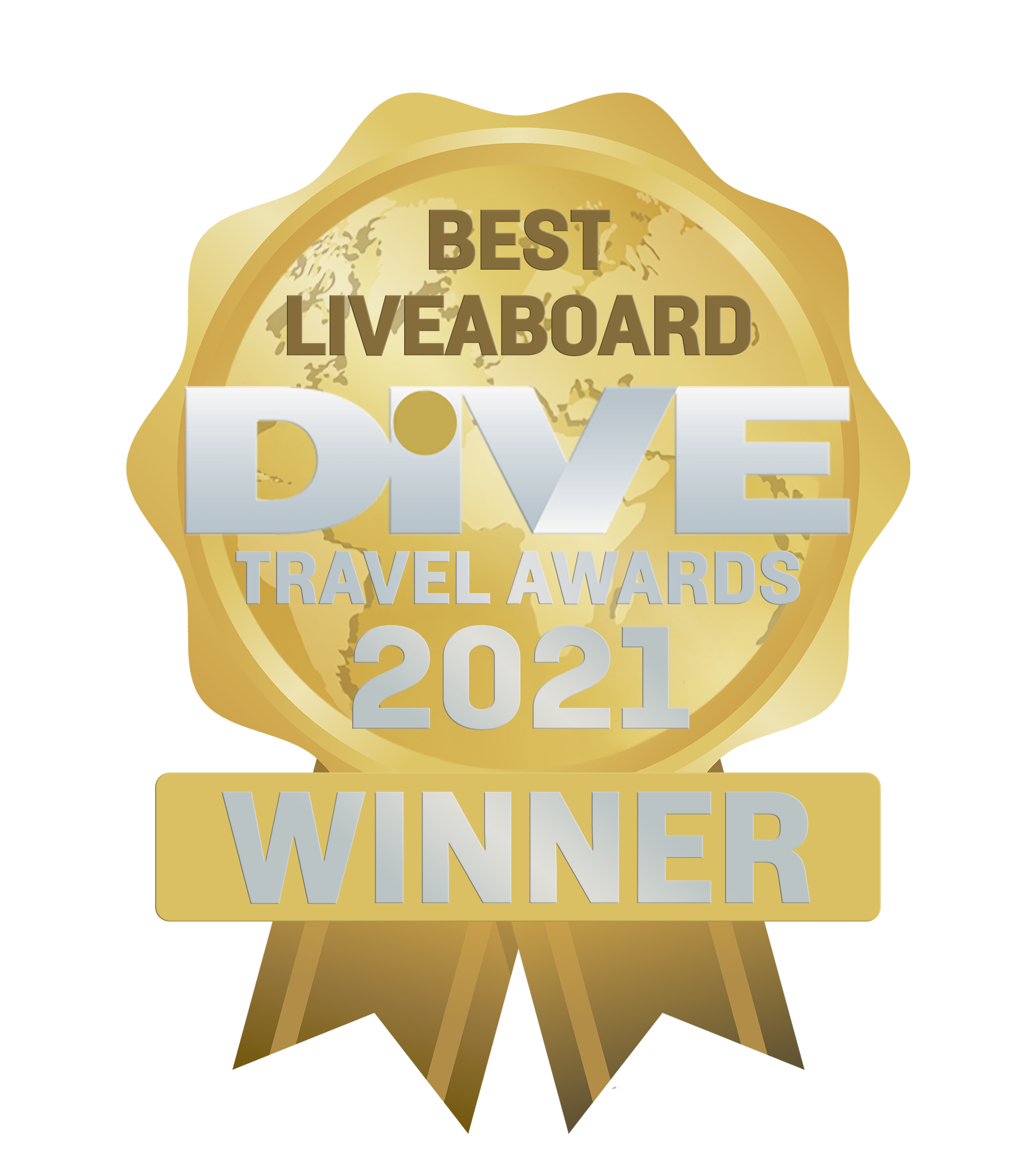 bagde that shows Coralia won the dive travel award for best Liveaboard in 2021